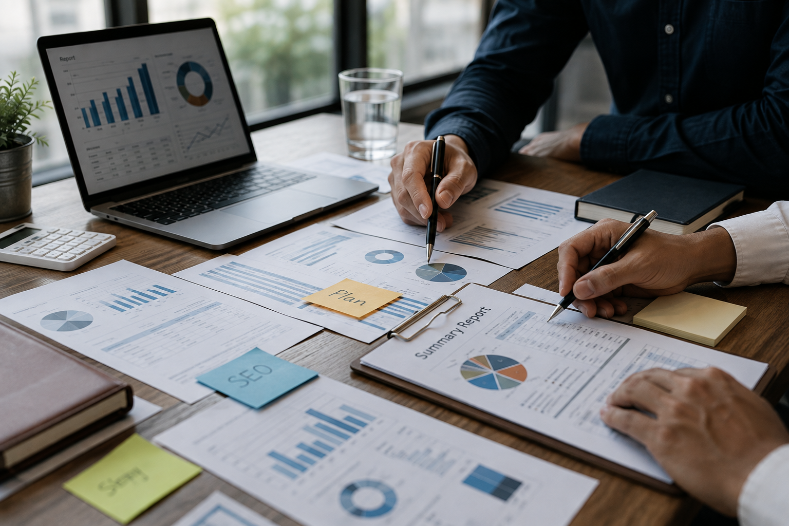People reviewing reports, charts, and practical insights together